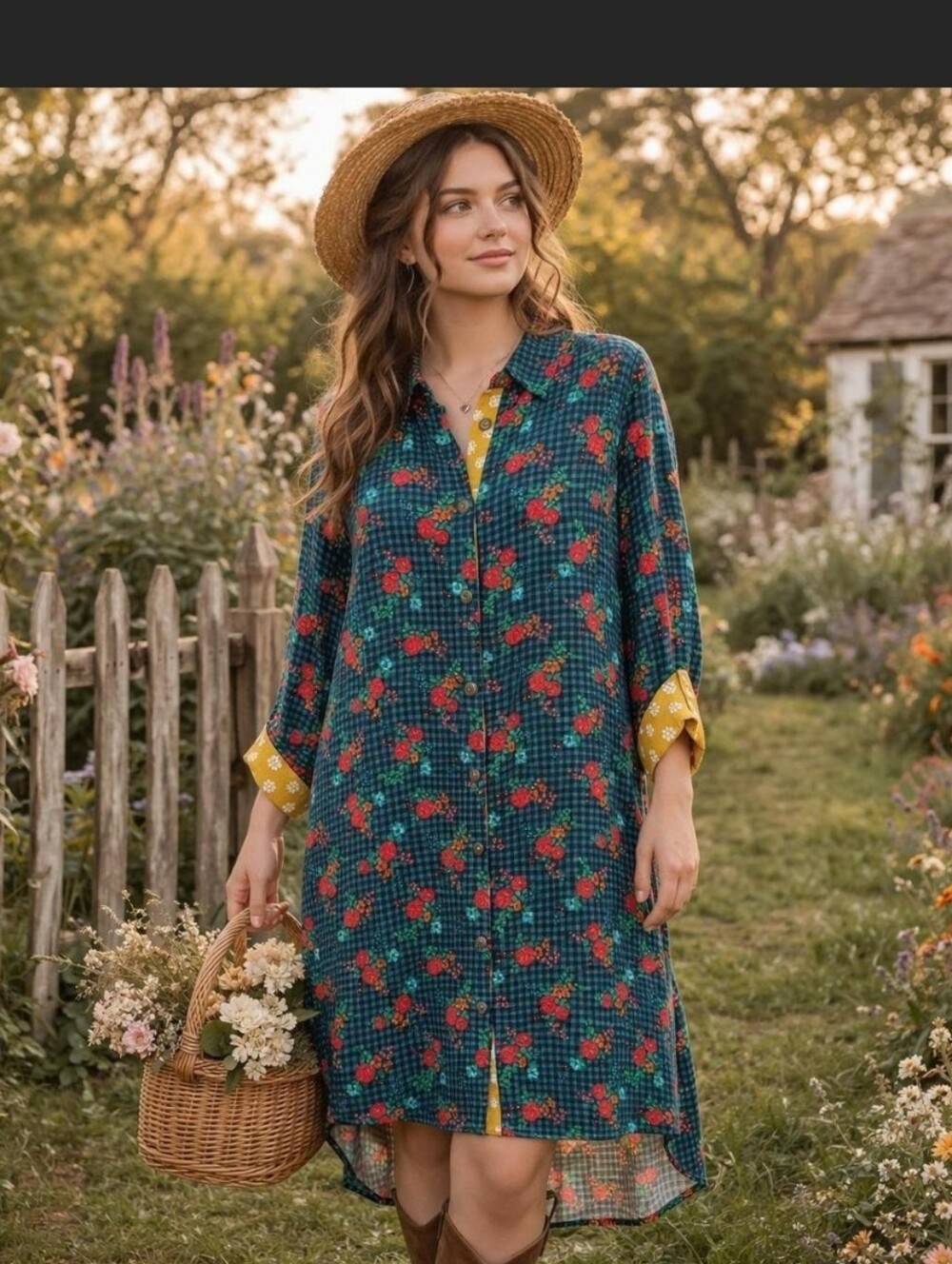 Matilda Jane Floral Plaid Check Shirt Dress Green Button Down Cottagecore Artsy